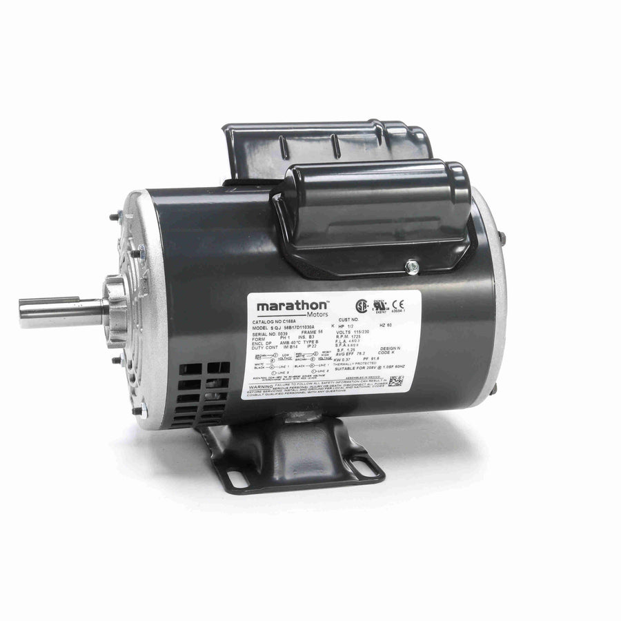 Marathon General Purpose Motor, 0.50 HP, 1 Ph, 60 Hz, 115/230 V, 1800 RPM, 56 Frame, DP, C168A