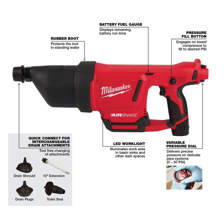 Milwaukee M12 AIRSNAKE Drain Cleaning Air Gun Kit | 12V