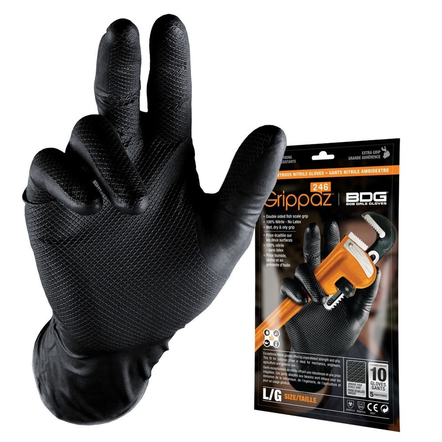 Bob Dale Grippaz Black Nitrile Oil Resistant Disposable Glove | Large | 10 Pack