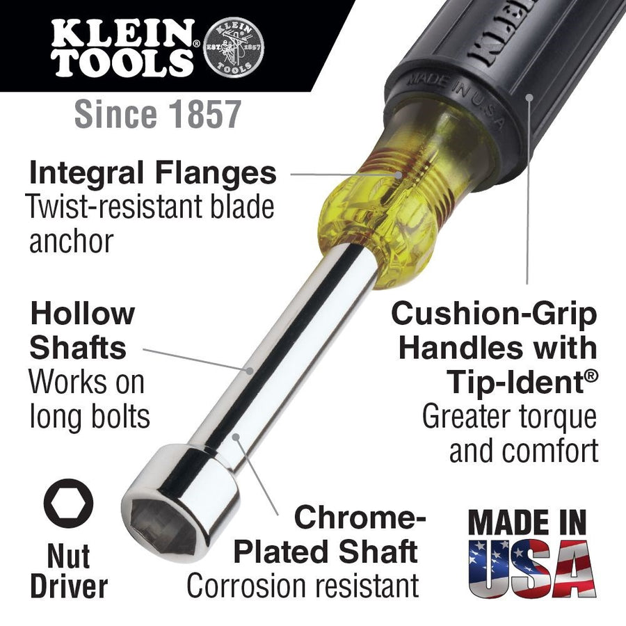 Klein 7 Piece Cushion-Grip Nut Driver Set with 3" Hollow Shafts